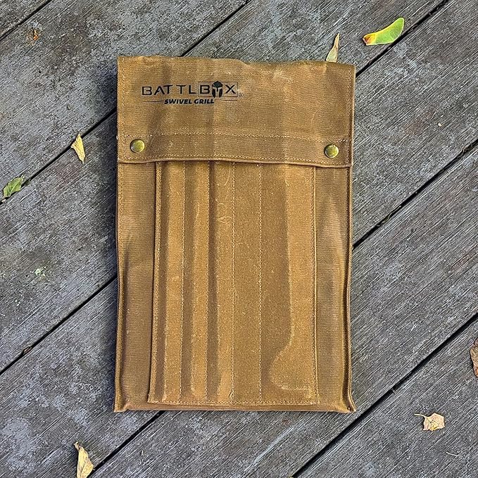 BATTLBOX Bushcraft Grill Set, Steel Campfire Cooking Grate Swivel Grill For Outdoor BBQ Open Fire, Packable Campfire Cook Set, Heavy Duty Open Fire Swivel Camping Cooktop, Canvas Bag