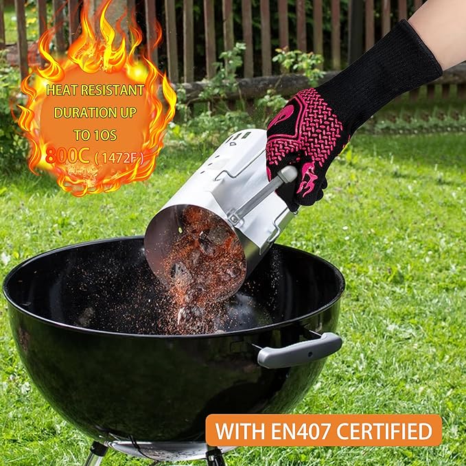 BBQ Fireproof Gloves, Grill Cut-Resistant Gloves 1472°F Heat Resistant Gloves, Non-Slip Silicone Oven Gloves, Kitchen Safe Cooking Gloves for Oven Mitts,Barbecue,Cooking, Frying,13.5 Inch-Rose Pink