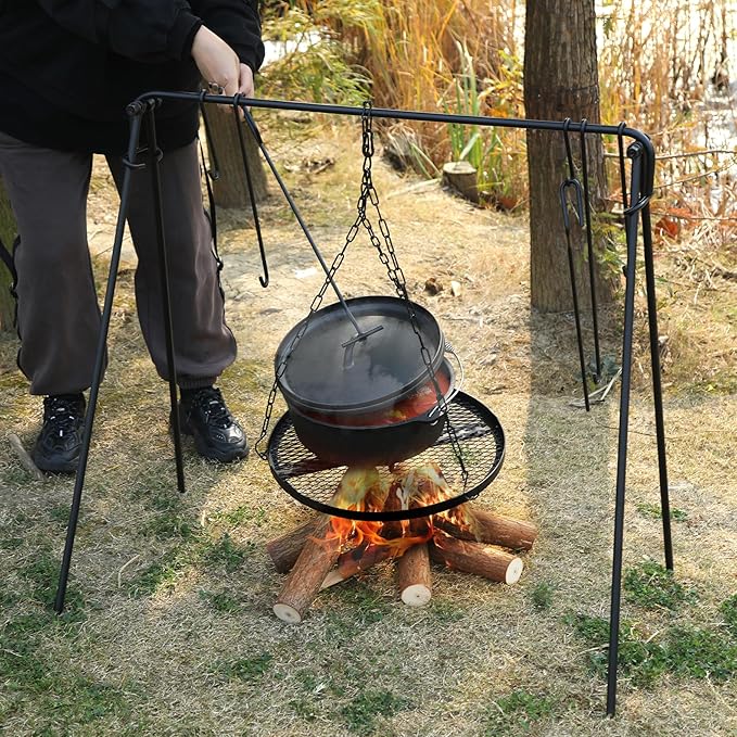 REDCAMP Swing Campfire Grill Stand - Collapsible Campfire Cooking Rack with 6 Hooks & Iron Grill Grate, Portable Dutch Oven Hanger for Outdoor Camping, Cookware, Bonfire, Round