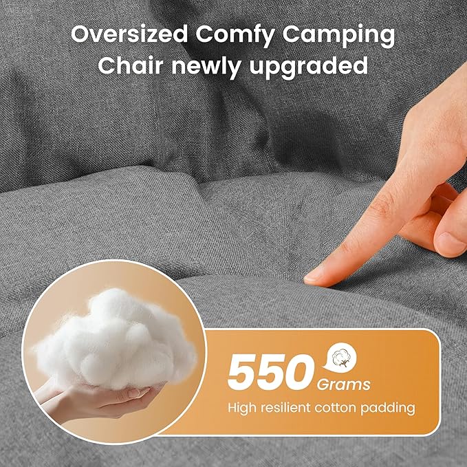 OUTDOOR LIVING SUNTIME Oversized Padded Comfy Camping Chair with Removable Footrest， Weight Capacity 400 LBS, Heavy Duty Moon Round Leisure Folding Chair for Camping, Hiking, Carry Bag, Orange