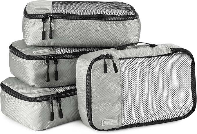 Amazon Essentials 4-Piece Packing Cubes Travel Accessories Set, Luggage Organizer with Double Zipper, Mesh Top, 100% Polyester, Small, Gray (Previously Amazon Basics)