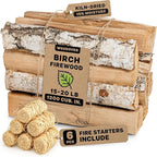 15" Birch Firewood Logs with Fire Starters Set – 1200 cub. in, 15–20 lb | Kiln-Dried & Seasoned Hardwood for Fire Pit, Fireplace | Bright Flames & Pleasant Aroma for Cozy Atmosphere