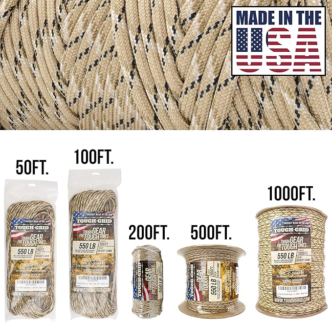 TOUGH-GRID 550 Paracord Rope Nylon Parachute Cord, Made in USA Survival Kit, Outdoor Adventures, Camping, Tactical Gear & Emergency Supplies, Military Type III Mil-Spec