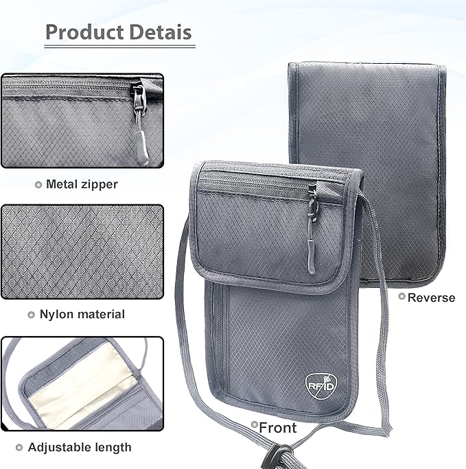 SUPACOOL Neck Wallet, RFID Blocking Passport Holder, Travel Pouch, Hidden Neck Pouch for Travel(Grey)