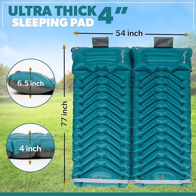 Sleeping Pad with Pillow, Self Inflating Extra-Thick, Ultralight Sleeping Mat, Built-in Pump, Ultimate for Camping, Hiking, Traveling, Airpad, Carry Bag, Compact & Lightweight Air Mattress (Peacock)