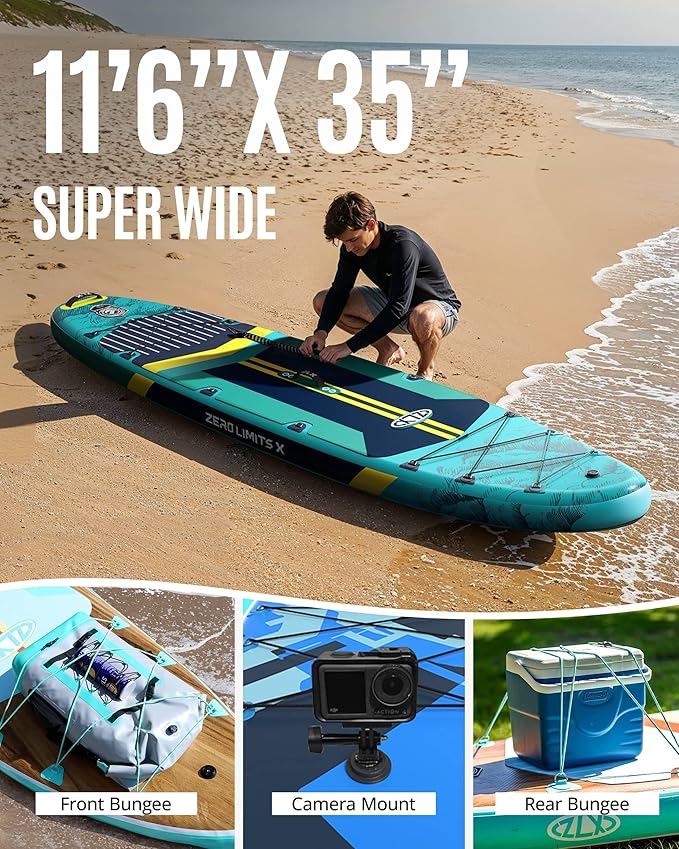 ZLX 11'6" Extra Wide Inflatable Stand Up Paddle Board SUP, Stable Non-Slip Deck Pad, Unique Fin System and Premium iSUP Accessories - Portable Backpack & Upgraded Pump for Adults, All Skill Levels