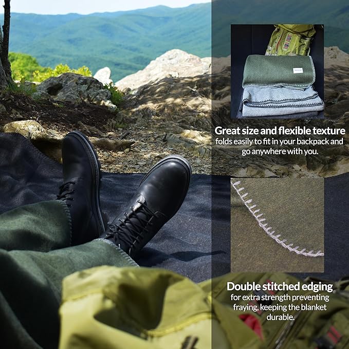 Military Style Wool Blanket – Cushioned, Breathable, Durable, Warm & Washable – Double-Stitched Border–Great for Camping, Outdoor, First Aid, Travel, Car–Fire-Resistant – 64"x90" 4.5 lb (Navy Blue)