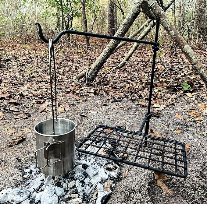 BATTLBOX Bushcraft Grill Set, Steel Campfire Cooking Grate Swivel Grill For Outdoor BBQ Open Fire, Packable Campfire Cook Set, Heavy Duty Open Fire Swivel Camping Cooktop, Canvas Bag