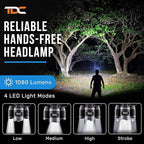 TDC Head Lamp Led Rechargeable Super Bright - USB-C Headlamp for Adults - Head Lights for Forehead - 1080 Lumen Head Flashlight - 10HR Battery for Hardhat, Camping, Hunting, Work