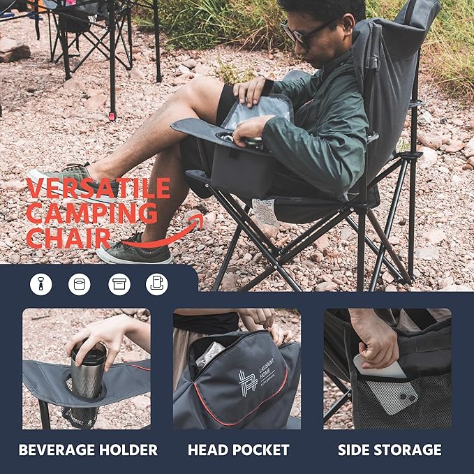 OUTSIDER Folding Camping Chair Heavy Duty Folding Chair 400lbs Oversized Outdoor Chairs with Cup Holder, Cooler Bag, Storage Pocket & Lumbar Support (Style-2, 2pcs)