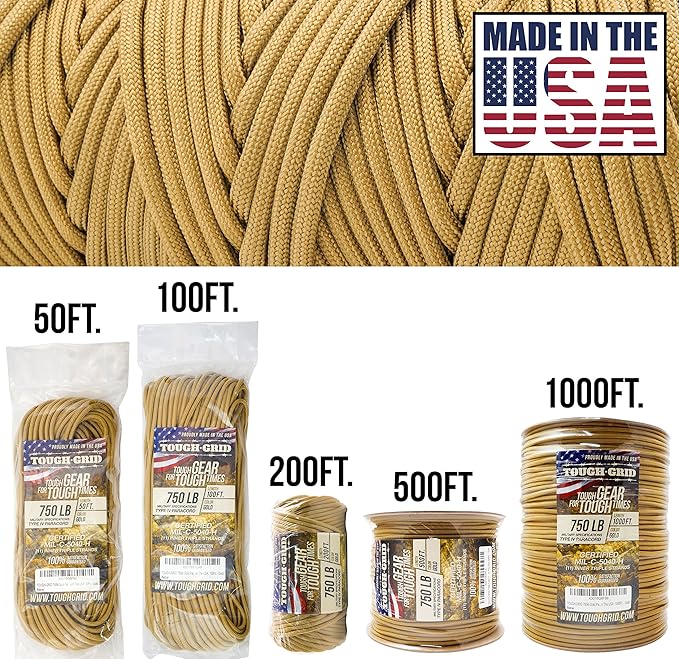 TOUGH-GRID Paracord Rope 750 lbs Nylon Parachute Cord, Made in USA Survival Kit, Outdoor Adventures, Camping, Tactical Gear & Emergency Supplies, Military Type IV Mil-Spec