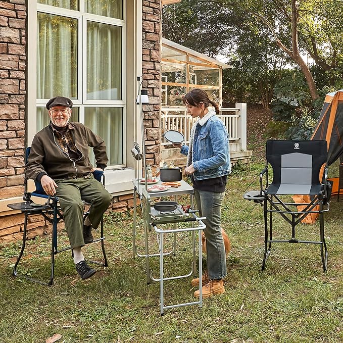 EVER ADVANCED Portable 30.7" Seat Height Tall Folding Camping Chair Directors Chair High Foldable Bar Stool with Side Table for Makeup Artist, Sports Event, Craft Show, Supports 350LBS Black Grey