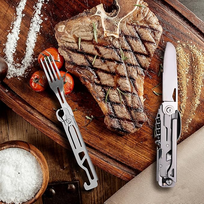 Camping Utensils, 6-In-1 Detachable Stainless Steel Camping Flatware Multi-tool kits with Spoon Fork Knife Corkscrew Bottle&Can Opener, Folding Portable Cutlery Set for Travel Hiking Picnic