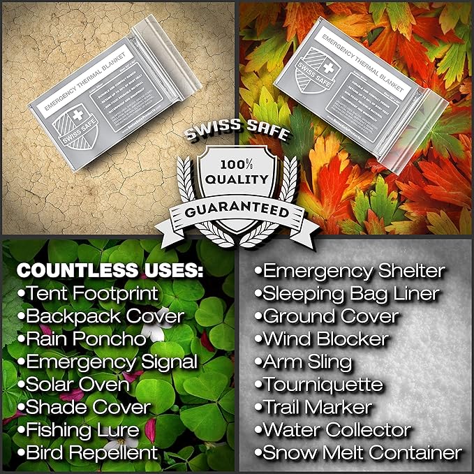 Swiss Safe Emergency Mylar Thermal Blankets + Bonus Space Blanket - Compact & Insulated for Cold Weather - Designed for NASA, Outdoor Camping, Survival, First Aid Car Kit - Silver, 25 Pack