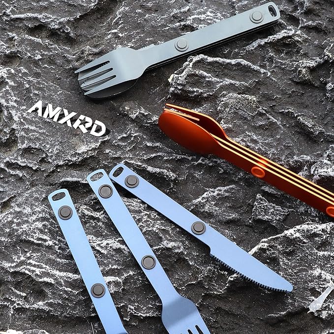 Magnetic Camping Utensils Set, Portable & Reusable Metal Travel Flatware, Camping Cutlery Set, Knife, Fork & Spoon, 3-PACK, Orange