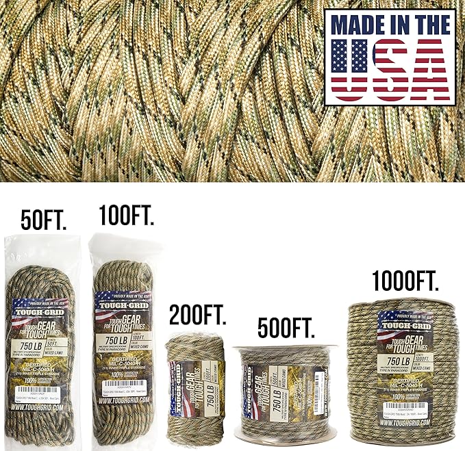 TOUGH-GRID Paracord Rope 750 lbs Nylon Parachute Cord, Made in USA Survival Kit, Outdoor Adventures, Camping, Tactical Gear & Emergency Supplies, Military Type IV Mil-Spec