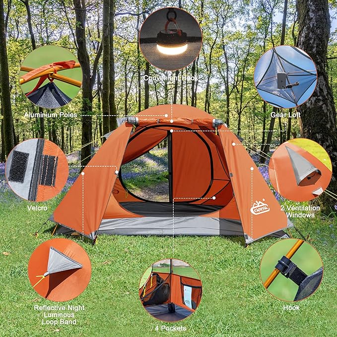 2-3 Person Backpacking Tent with Double Door 2 Vestibule, Waterproof Windproof Lightweight Easy Set Up 3 Season 2 Man Two Person Tent for Camping, Hiking, Motorcycle, Mountaineering with UPF 50+