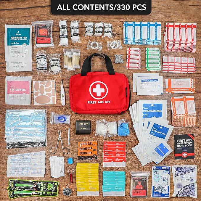 330 Piece First Aid Kit, Premium Waterproof Compact Trauma Medical Kits for Any Emergencies, Ideal for Home, Office, Car, Travel, Outdoor, Camping, Hiking, Boating (Red)