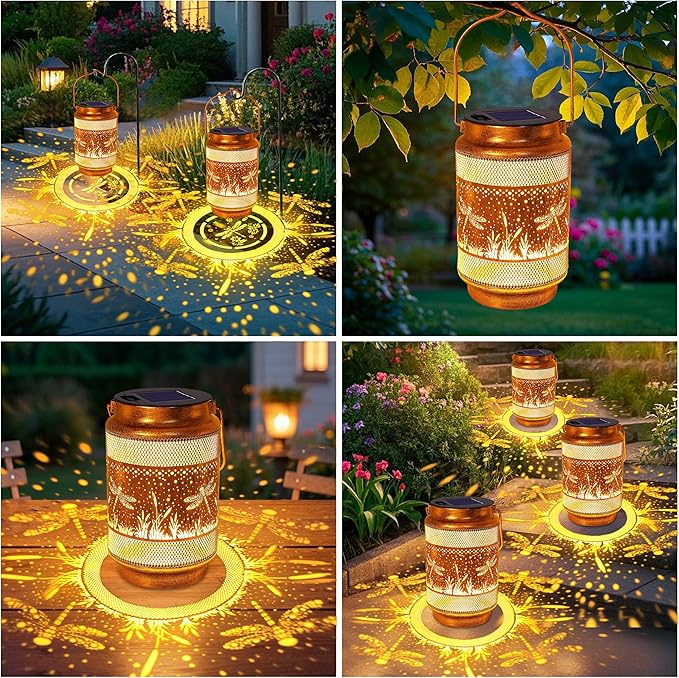 2 Pack Dragonfly Solar Lanterns Outdoor Waterproof Garden Decor, Dragonfly Birthday Gifts for Women Mom Grandma, Metal Hanging Solar Lights for Outside Yard Patio Pathway Backyard Porch
