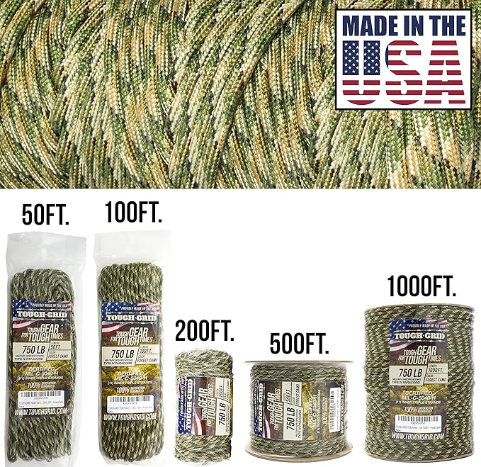 TOUGH-GRID 750 Paracord Rope Nylon Parachute Cord, Made in USA Survival Kit, Outdoor Adventures, Camping, Tactical Gear & Emergency Supplies, Military Type IV Mil-Spec