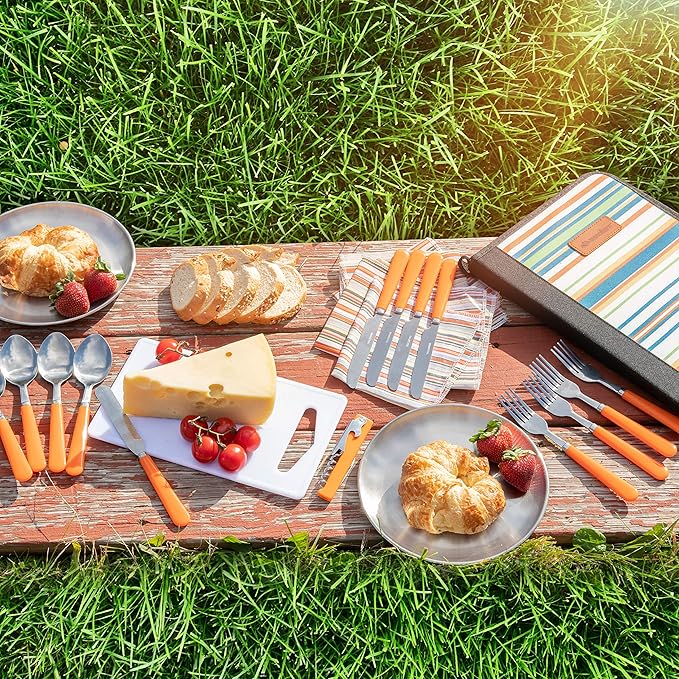 Camping Silverware Kit Cutlery Organizer Utensil Picnic Set 12 Piece Mess Kit - Stainless Steel Spoon Butter & Serrated Knife Wine Opener Fork Napkin Hiking Camp Kitchen BBQ’s (4 Person 20 Piece Set)