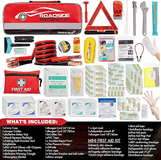 General Medi 127-Pieces Roadside Car Emergency Kit Include Mini First Aid Kit, Jumper Cables,Tow Rope, Bandage, Safety Vest, Emergency Triangle, All in One Pack