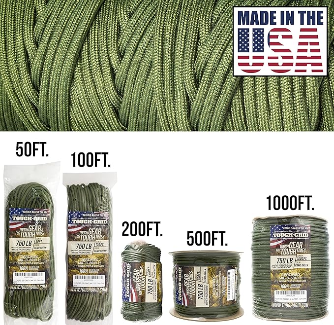TOUGH-GRID Paracord Rope 750 lbs Nylon Parachute Cord, Made in USA Survival Kit, Outdoor Adventures, Camping, Tactical Gear & Emergency Supplies, Military Type IV Mil-Spec