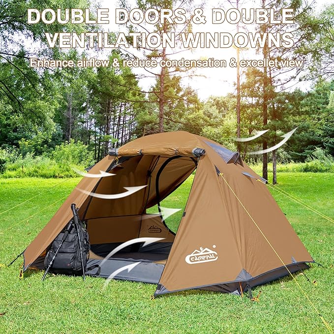 2-3 Person Backpacking Tent with Double Door 2 Vestibule, Waterproof Windproof Lightweight Easy Set Up 3 Season 2 Man Two Person Tent for Camping, Hiking, Motorcycle, Mountaineering with UPF 50+