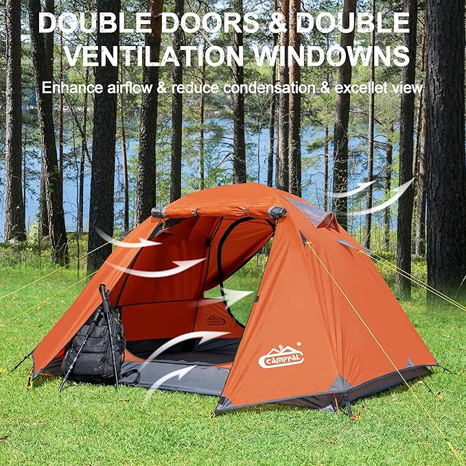 2-3 Person Backpacking Tent with Double Door 2 Vestibule, Waterproof Windproof Lightweight Easy Set Up 3 Season 2 Man Two Person Tent for Camping, Hiking, Motorcycle, Mountaineering with UPF 50+