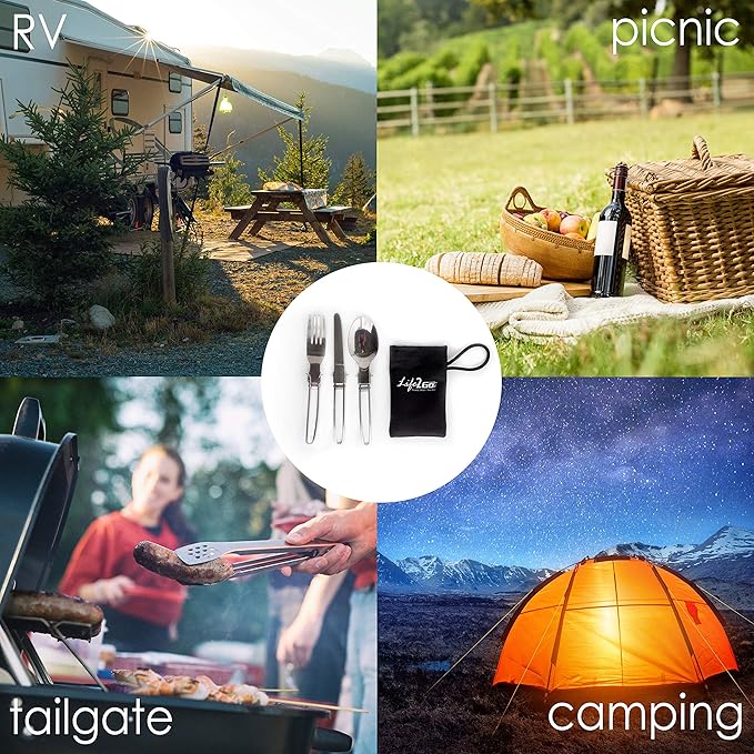 3-Piece Compact Camping Silverware & Utensil Set – Portable Cookware Kit for Hiking, Backpacking, Travel, BBQ & Grilling – Folding Reusable Stainless Steel Knife, Fork & Spoon in Tidy Black Bag