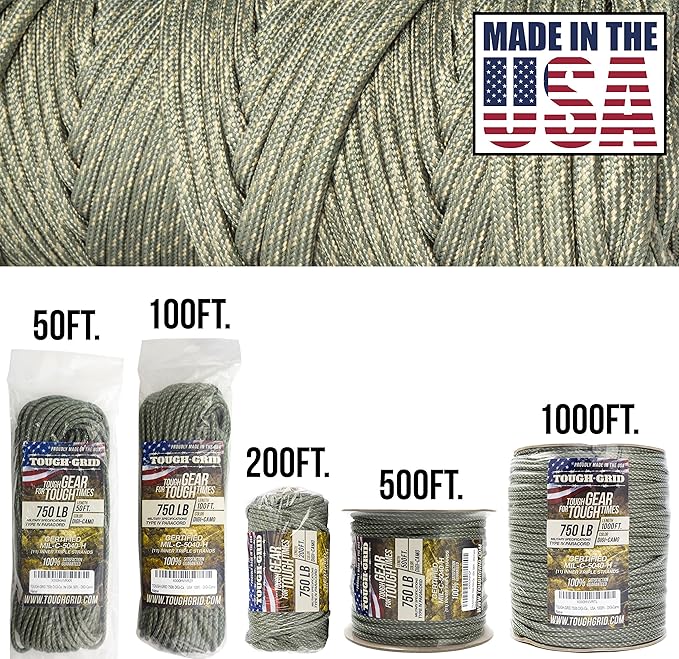 TOUGH-GRID Paracord Rope 750 lbs Nylon Parachute Cord, Made in USA Survival Kit, Outdoor Adventures, Camping, Tactical Gear & Emergency Supplies, Military Type IV Mil-Spec
