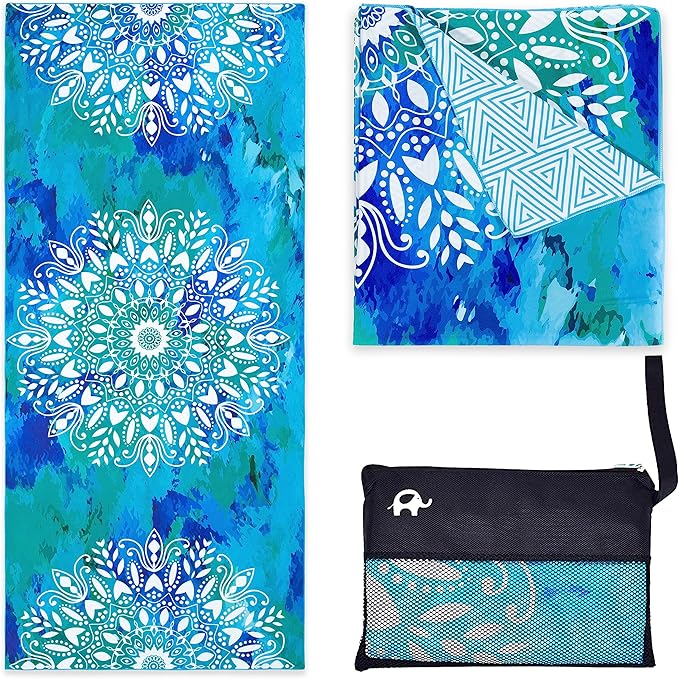 Elite Trend Microfiber Beach Towel for Adults with Bag - Extra Large 78x35 inch Lightweight Sand Free Quick Dry Towel for Travel, Swimming, Yoga, Camping (Mandala Blue)