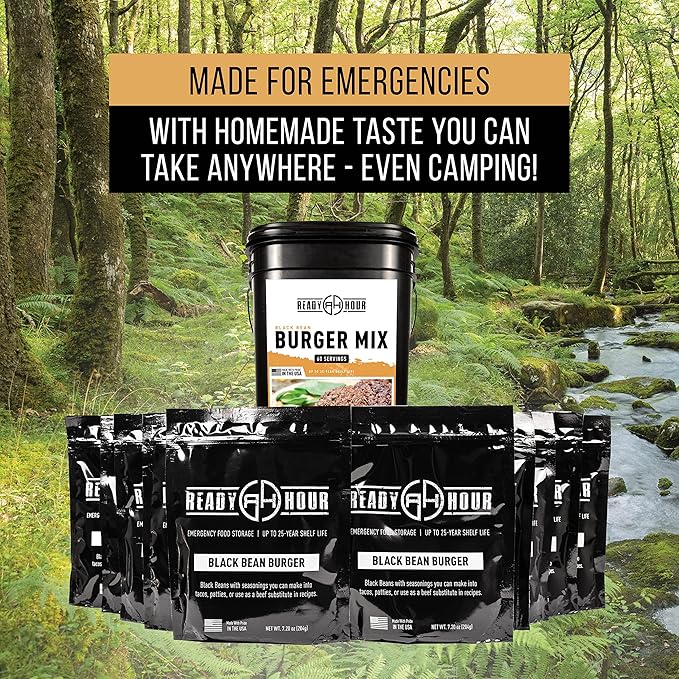 Ready Hour, Black Bean Burger Mix, Real Non-Perishable Recipe, 25-Year Shelf Life, Emergency and Adventure Food Supply, Includes 10 Resealable Pouches, 60 Servings