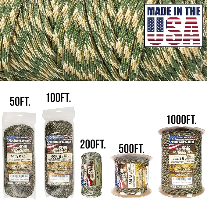 TOUGH-GRID 550 Paracord Rope Nylon Parachute Cord, Made in USA Survival Kit, Outdoor Adventures, Camping, Tactical Gear & Emergency Supplies, Military Type III Mil-Spec