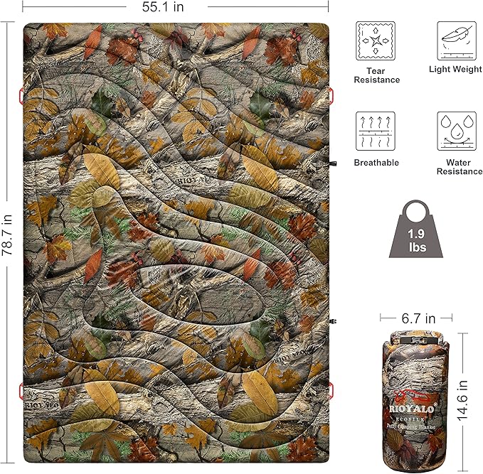 ECOSILK Outdoor Blanket Waterproof | XL Puffy Camping Blanket for Hiking Backpacking | Lightweight Packable Travel Cars Blanket w. Stuff Sack for Picnic Festival |55 X 79 in| Forest Camo…