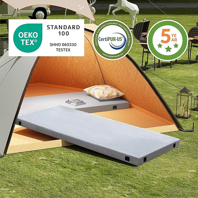 Memory Foam Camping Mattress 2.5 inch, Kids Portable Roll Up Camping Sleep Topper with Waterproof and Non-Slip Bottom, Camping Car Mat with Travel Bag, 63"×26"×2.5", Grey