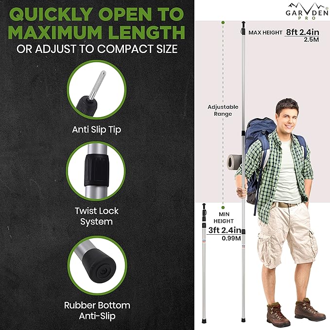 Telescoping Tarp Poles | Replacement Canopy Adjustable Aluminum Rods, Portable & Lightweight for Tent Fly, Awning, Outdoor Camping, Hiking, Backpacking & Rainfly + Pegs & Reflective Ropes