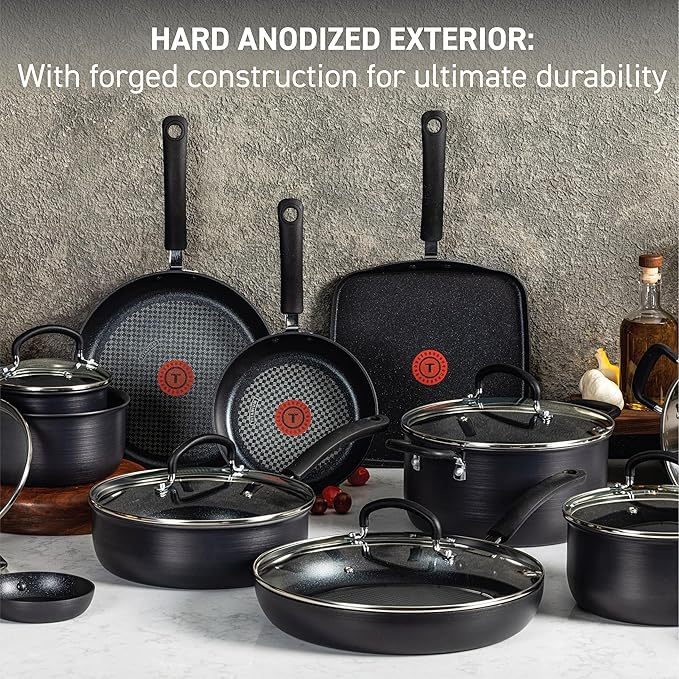 T-fal Ultimate Hard Anodized Nonstick Cookware Set 14 Piece, Oven Broiler Safe 400F, Lid Safe 350F, Kitchen Cooking Set w/Fry Pans, Saucepans, Griddle, Dutch Oven, Pots & Pans, Dishwasher Safe, Black