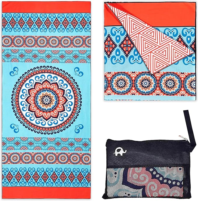 Elite Trend Microfiber Beach Towel for Adults with Bag - Extra Large 78x35 Inch Lightweight Sand Free Quick Dry Towel for Travel, Swimming, Yoga, Camping (Mandala Coral)