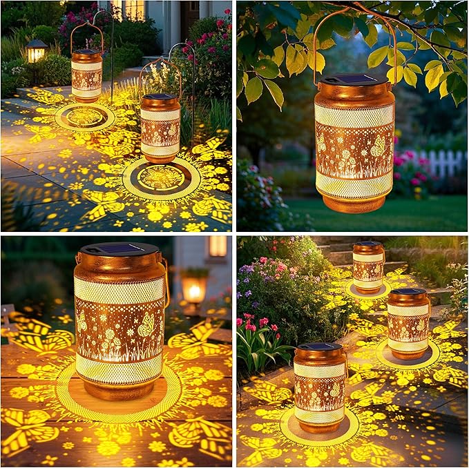 2 Pack Butterfly Solar Lanterns Outdoor Waterproof Garden Decor, Birthday Gifts for Women Mom Grandma, Metal Hanging Solar Lights for Outside Yard Patio Pathway Backyard Porch