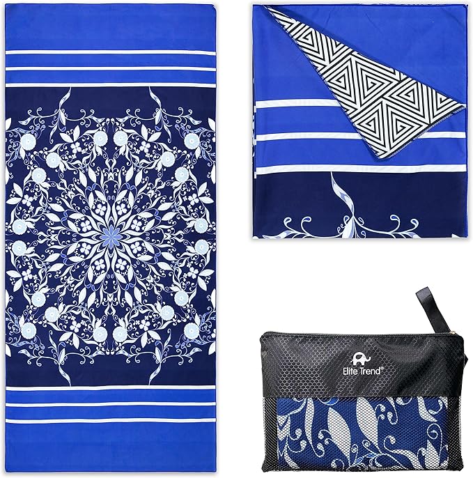 Quick Dry Towel Extra Large 78x35 Inch - Microfiber Beach Towel - Perfect for Beach, Travel, Swimming, Pool, Yoga, Hiking, Camping - Lightweight, Fast Drying, Compact for Adults (Blue Flower)
