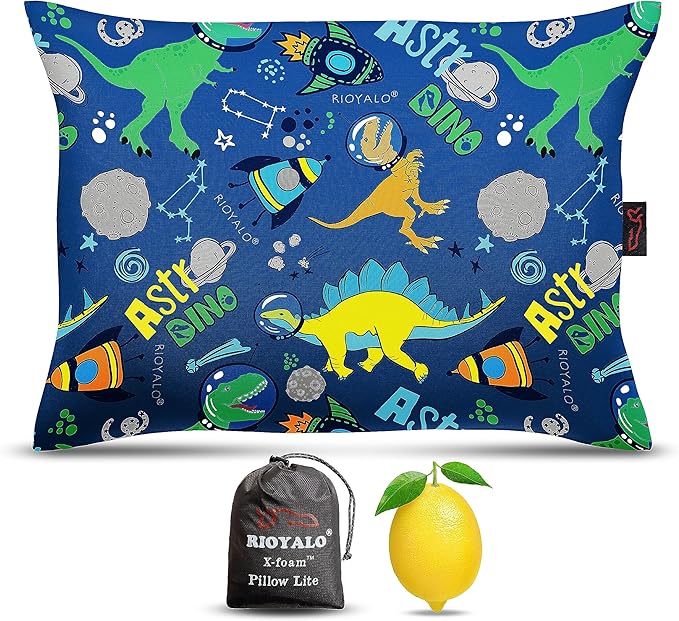 Boys Inflatable Camping Pillow Lite Kids w. Removable X-Form Padded Cover | Space Dinosaur | Comfort, Washable, Compact, Ultralight, Packable | Backpacking Hiking Travel Air Sleepover Scout