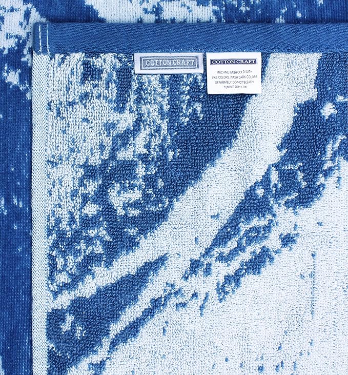 COTTON CRAFT Hooded Beach Towel – Oversized 39 x 68 Towel with Hood for Adults - Summer Wave - 100% Cotton Velour Terry Jacquard Towel - Pool Bath Wrap - 450 GSM - Soft Absorbent Quick Dry – Blue