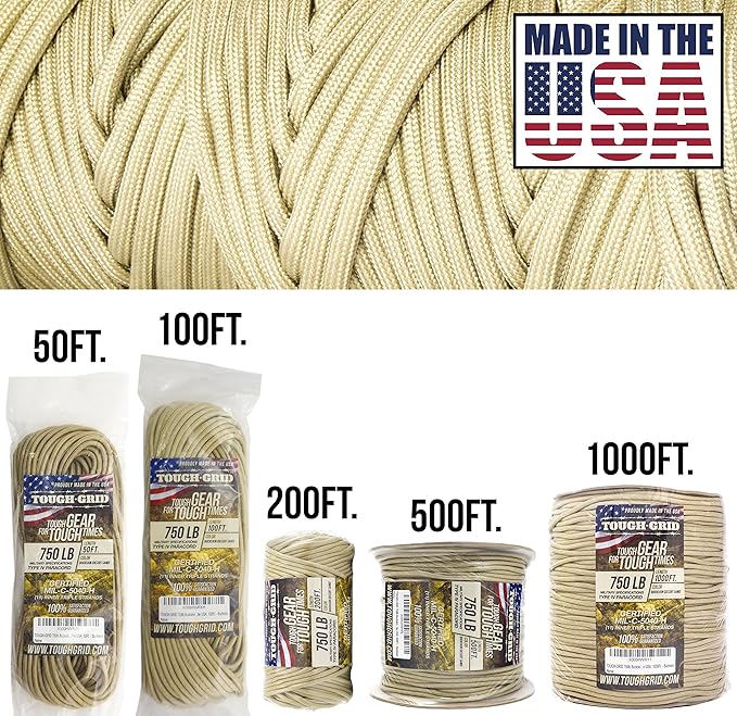 TOUGH-GRID Paracord Rope 750 lbs Nylon Parachute Cord, Made in USA Survival Kit, Outdoor Adventures, Camping, Tactical Gear & Emergency Supplies, Military Type IV Mil-Spec