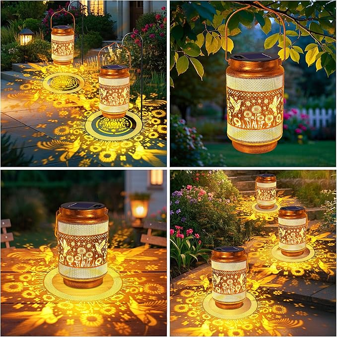 2 Pack Hummingbird Solar Lanterns Outdoor Waterproof Garden Decor, Birthday Gifts for Women Mom Grandma, Metal Hanging Solar Lights for Outside Yard Patio Pathway Backyard