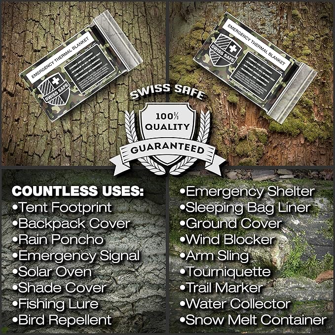 Swiss Safe 4 Pack Mylar Emergency Blankets for Survival - Compact & Insulated for Cold Weather - Designed for NASA, Outdoor, Running, Camping, Survival, First Aid Car Kit - Woodland Camo, 4 Pack