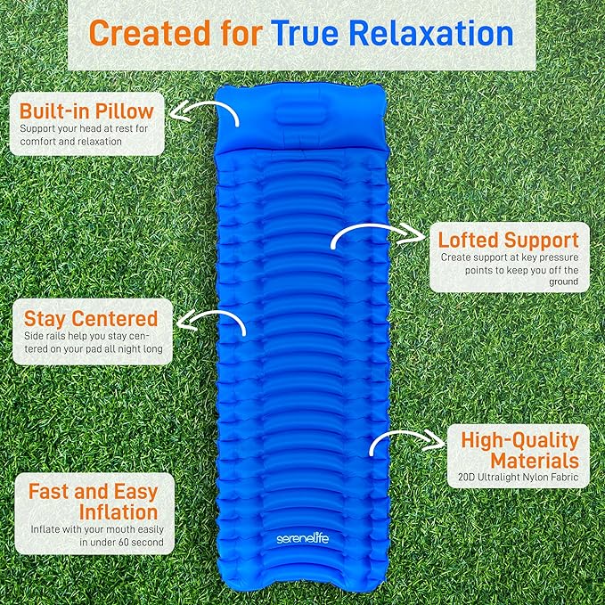 SereneLife Lightweight & Compact Camping Gear – Sleeping Pads & Bags with Built-in Pillows for Outdoor Comfort, Waterproof & Tear-Resistant Design, Perfect for Hiking, Backpacking, Couples & Solo Use