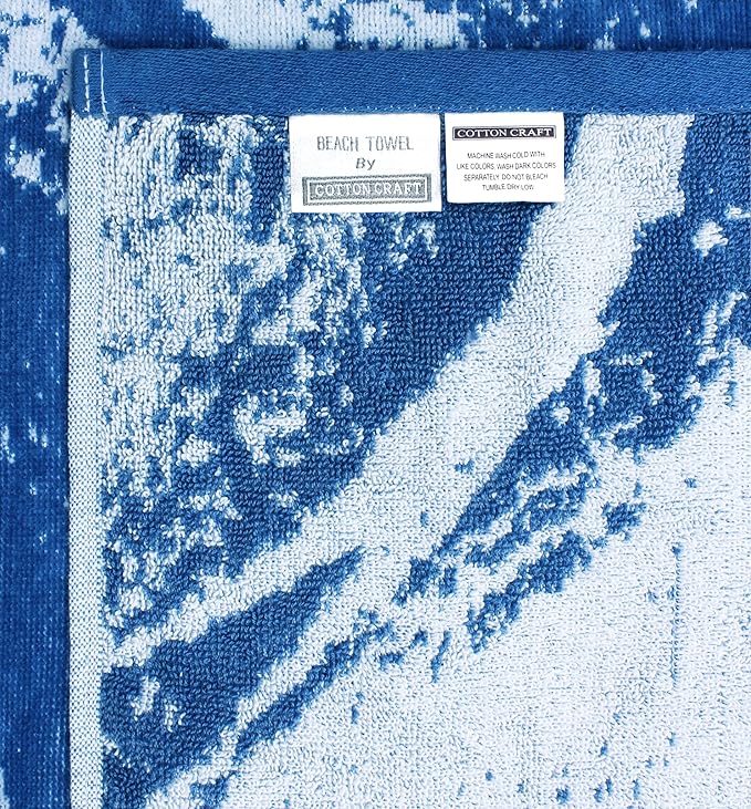 COTTON CRAFT Oversized Beach Towel - 2 Pack 35 x 70 inches XL Beach Towel - Summer Wave - 100% Cotton Jacquard Velour - Big & Huge Thick Plush 450 GSM Super Soft Luxury Towel - Pool Picnic Bath - Blue