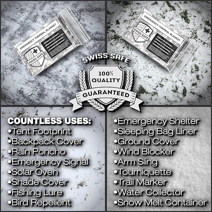 Swiss Safe 4 Pack Mylar Emergency Blankets for Survival - Compact & Insulated for Cold Weather - Designed for NASA, Outdoor, Running, Camping, Survival, First Aid Car Kit - Winter Camo, 4 Pack