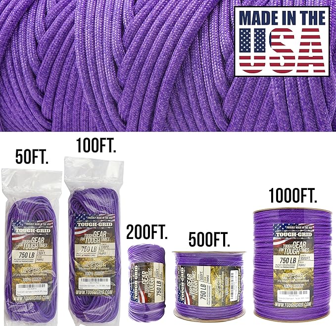 TOUGH-GRID Paracord Rope 750 lbs Nylon Parachute Cord, Made in USA Survival Kit, Outdoor Adventures, Camping, Tactical Gear & Emergency Supplies, Military Type IV Mil-Spec